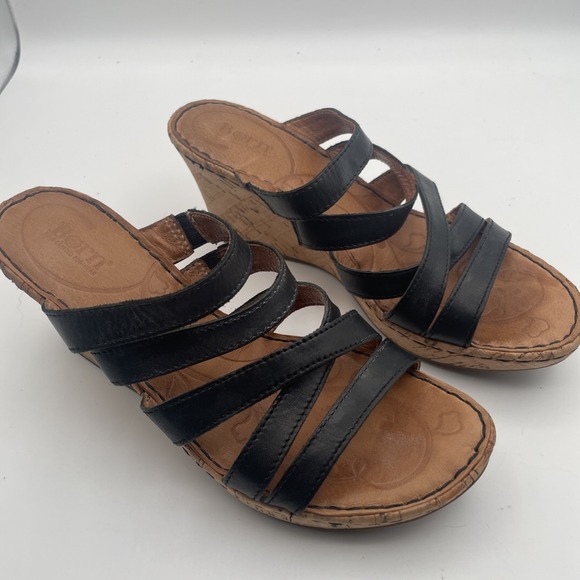 Shoes - Born Women's Wedge Sandal Size 7/38 Cork Heel Platform Black Leather‎ Strappy